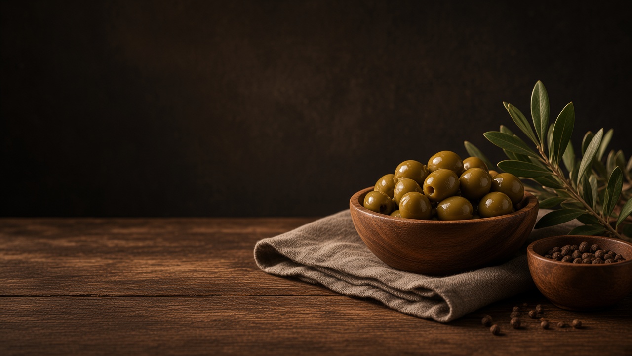 Olives, olive oil, pasta, cheese, and bread on a rustic wooden table