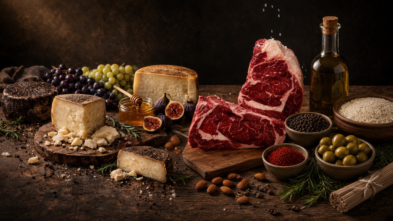 A curated assortment of cheeses, oils, grains, coffee, and specialty foods